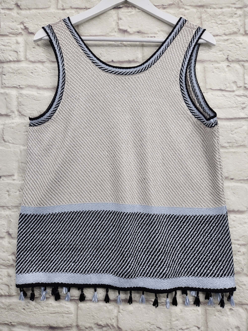 NIC+ZOE Textured Fringe Knit Tank Top Size PL Petite Large Black Off White